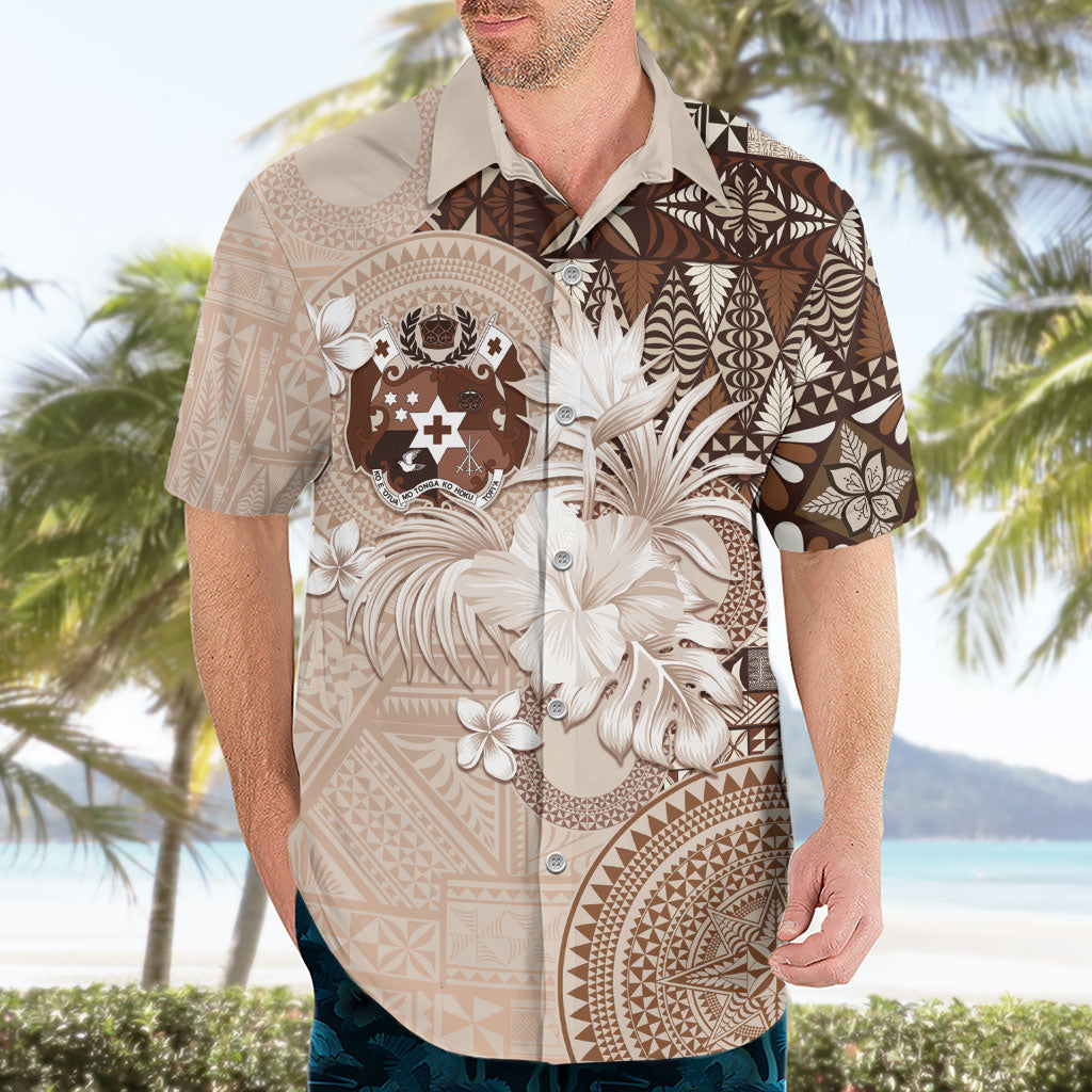 Tonga Ngatu Motifs Hawaiian Shirt With Coat Of Arms Beige LT05 - Polynesian Pride