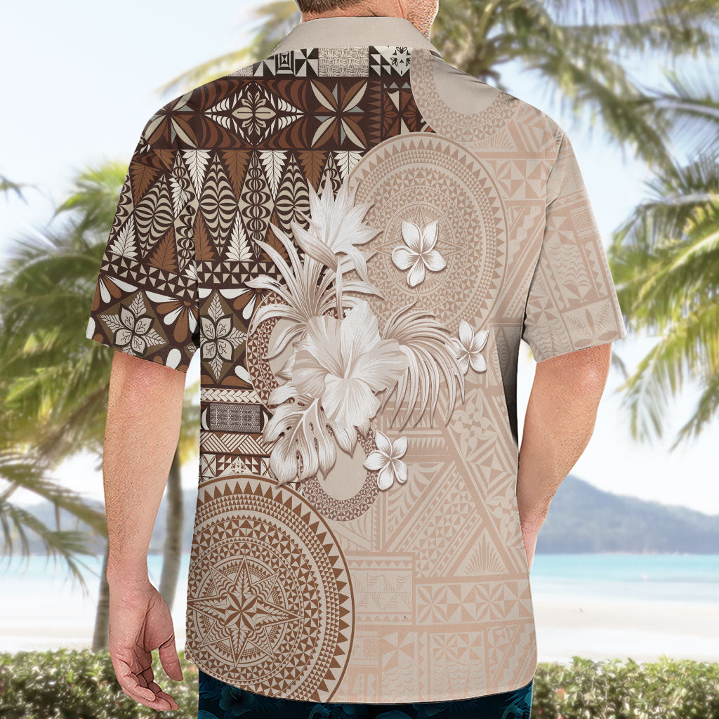 Tonga Ngatu Motifs Hawaiian Shirt With Coat Of Arms Beige LT05 - Polynesian Pride