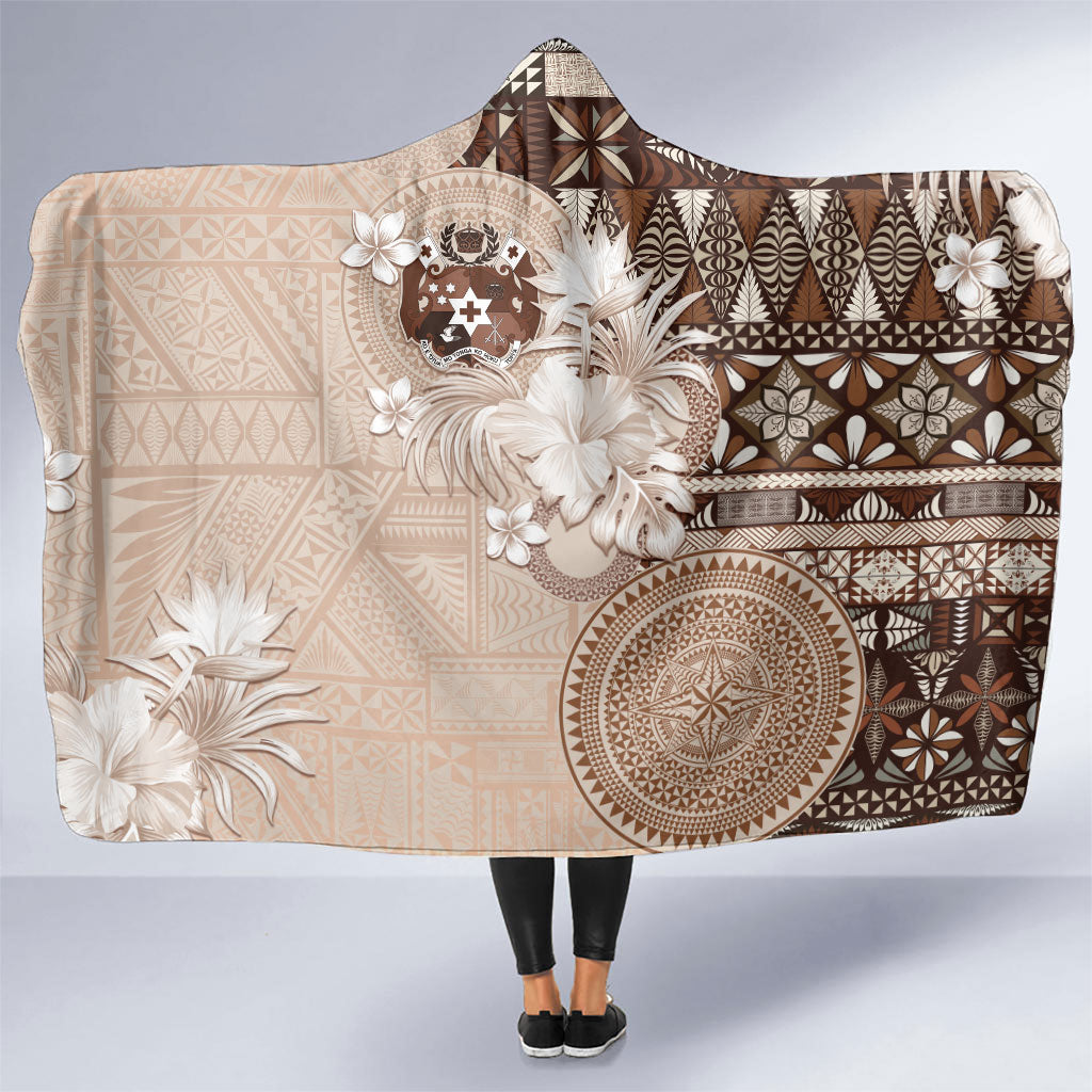 Tonga Ngatu Motifs Hooded Blanket With Coat Of Arms Beige LT05 One Size Beige - Polynesian Pride