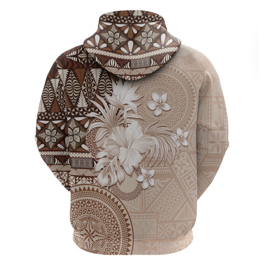 Tonga Ngatu Motifs Hoodie With Coat Of Arms Beige LT05 - Polynesian Pride