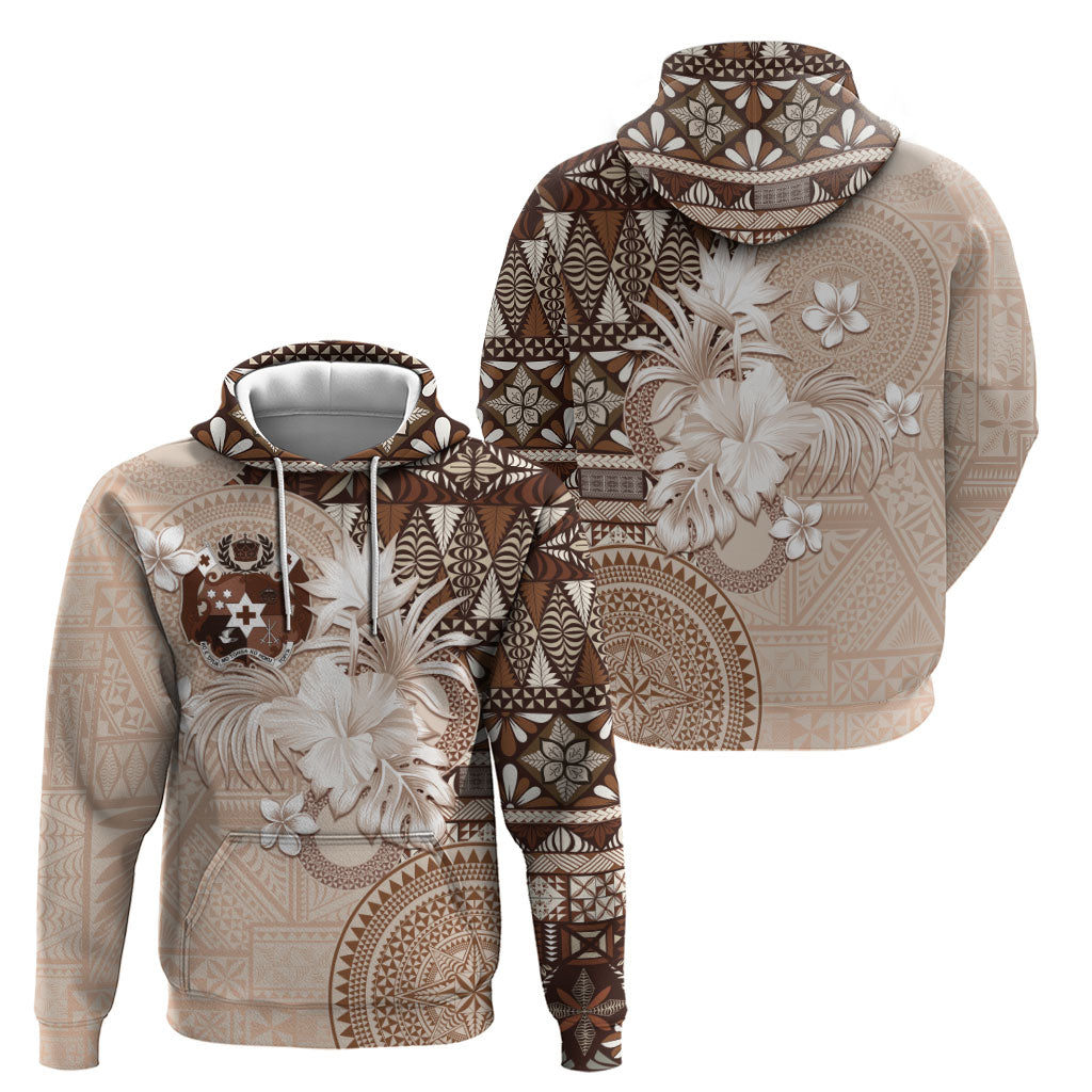 Tonga Ngatu Motifs Hoodie With Coat Of Arms Beige LT05 - Polynesian Pride