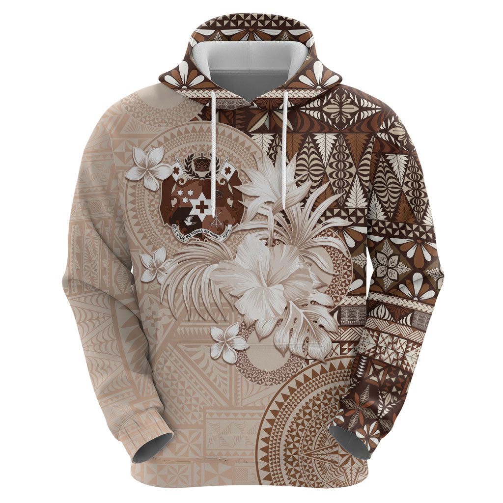 Tonga Ngatu Motifs Hoodie With Coat Of Arms Beige LT05 - Polynesian Pride