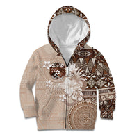 Tonga Ngatu Motifs Kid Hoodie With Coat Of Arms Beige LT05 Zip Hoodie Beige - Polynesian Pride