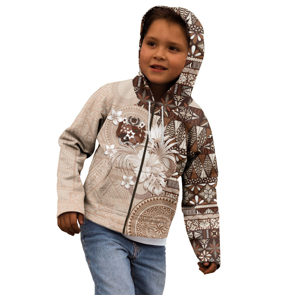 Tonga Ngatu Motifs Kid Hoodie With Coat Of Arms Beige LT05 - Polynesian Pride