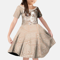 Tonga Ngatu Motifs Kid Short Sleeve Dress With Coat Of Arms Beige LT05 KID Beige - Polynesian Pride