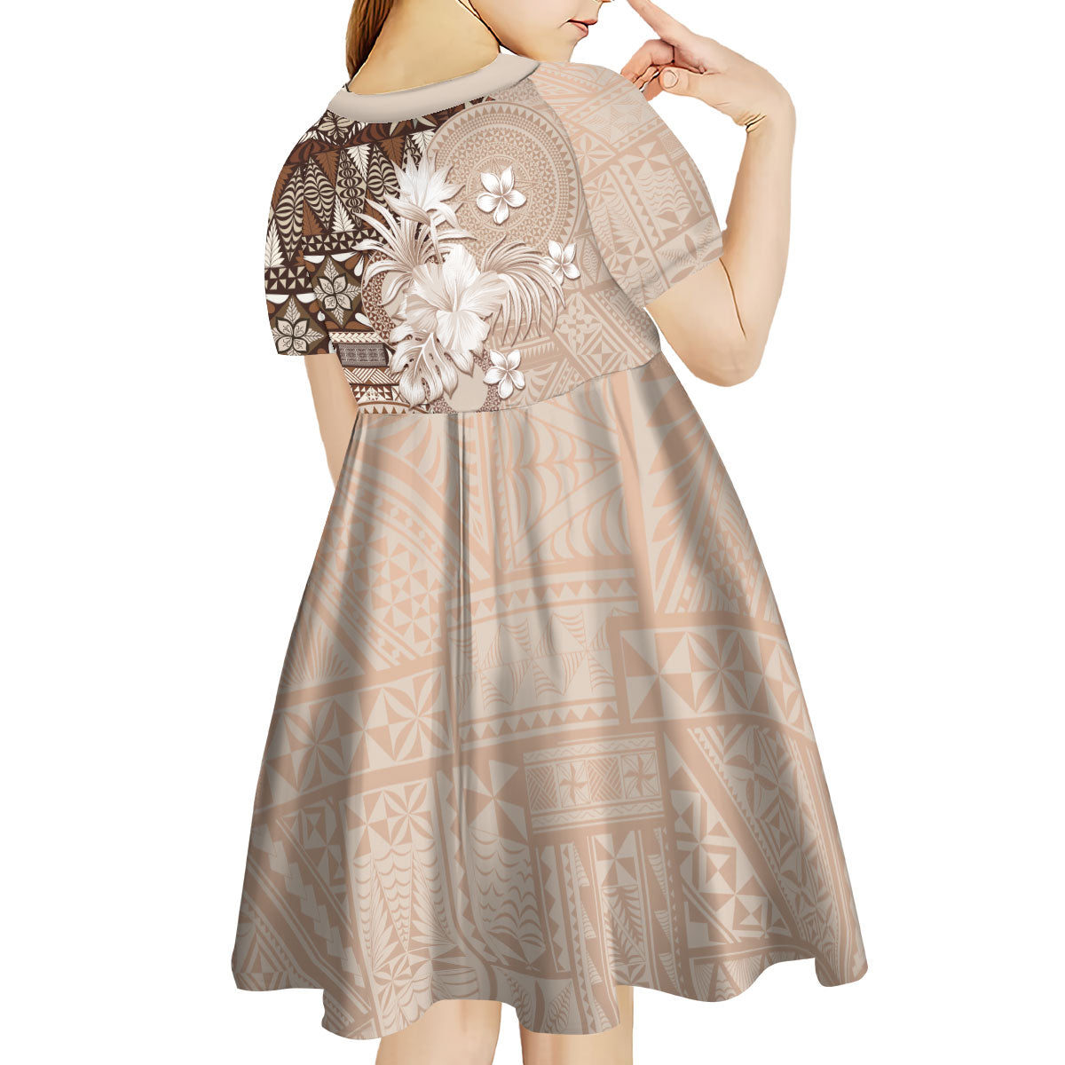Tonga Ngatu Motifs Kid Short Sleeve Dress With Coat Of Arms Beige LT05 - Polynesian Pride