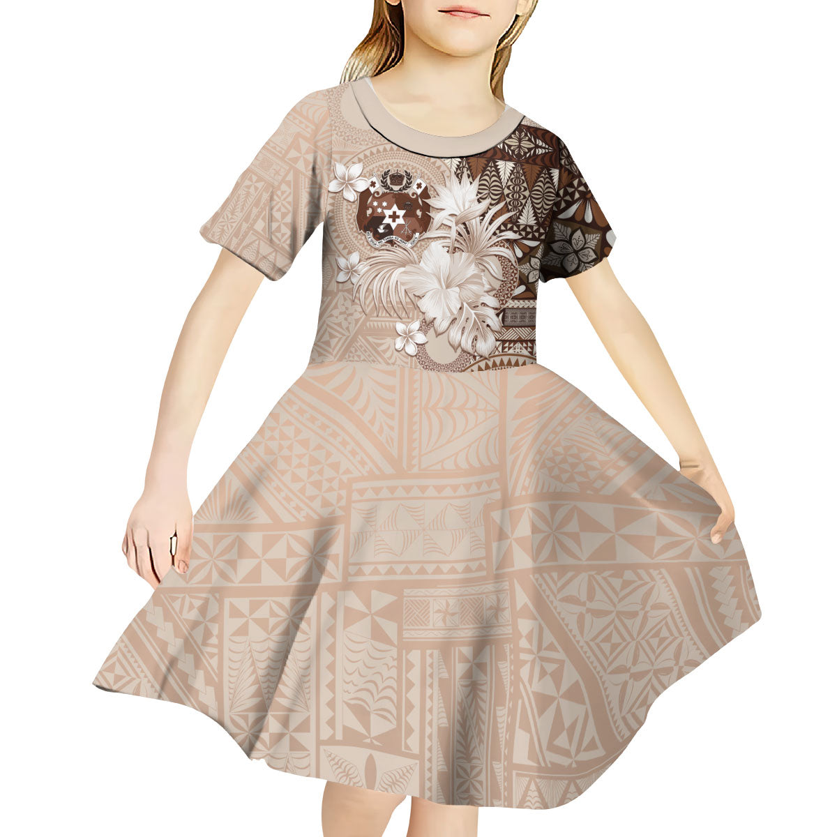 Tonga Ngatu Motifs Kid Short Sleeve Dress With Coat Of Arms Beige LT05 - Polynesian Pride
