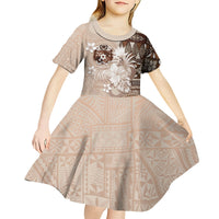 Tonga Ngatu Motifs Kid Short Sleeve Dress With Coat Of Arms Beige LT05 - Polynesian Pride