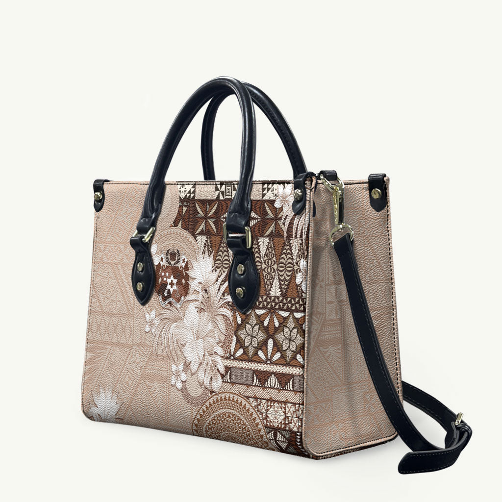 Tonga Ngatu Motifs Leather Bag With Coat Of Arms Beige