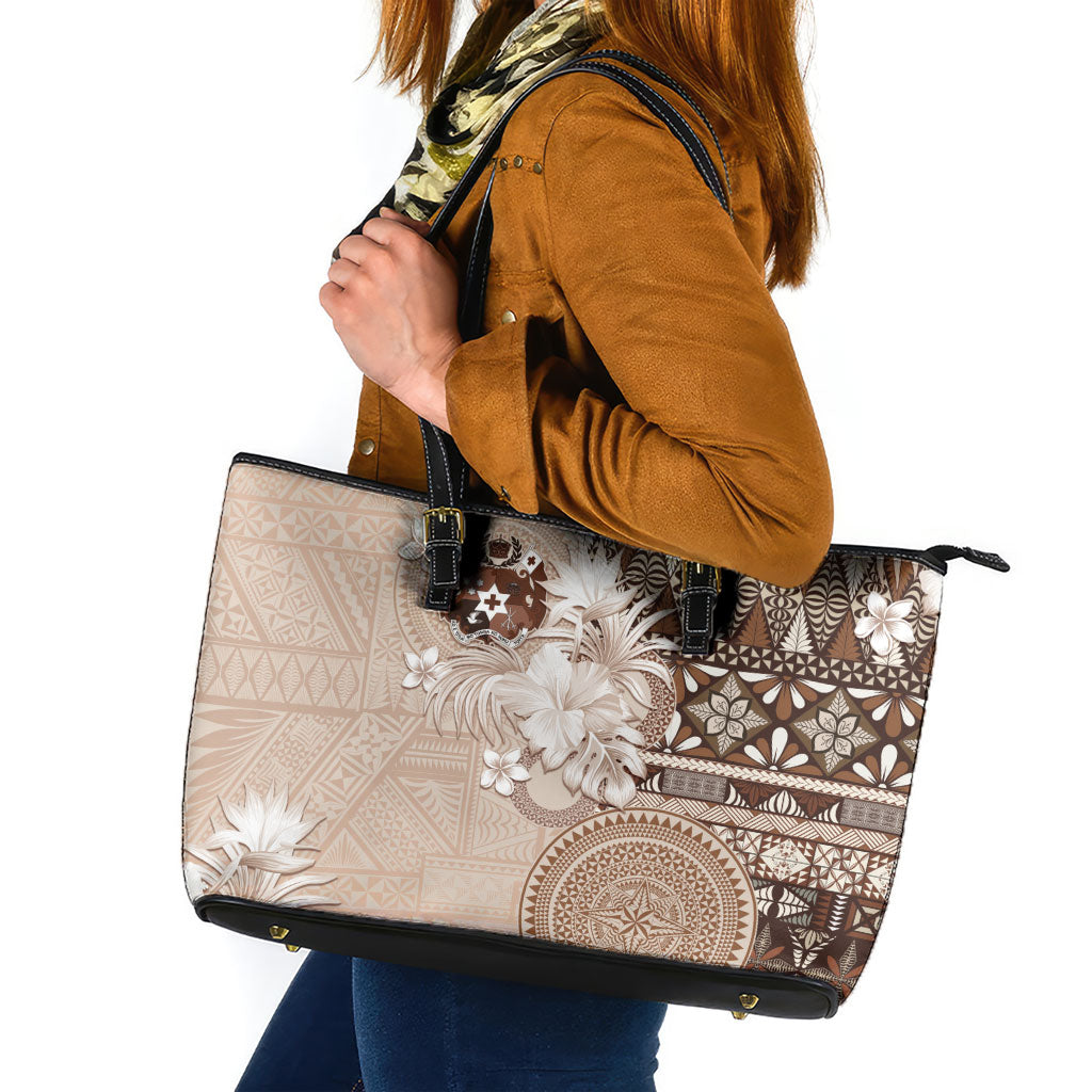 Tonga Ngatu Motifs Leather Tote Bag With Coat Of Arms Beige