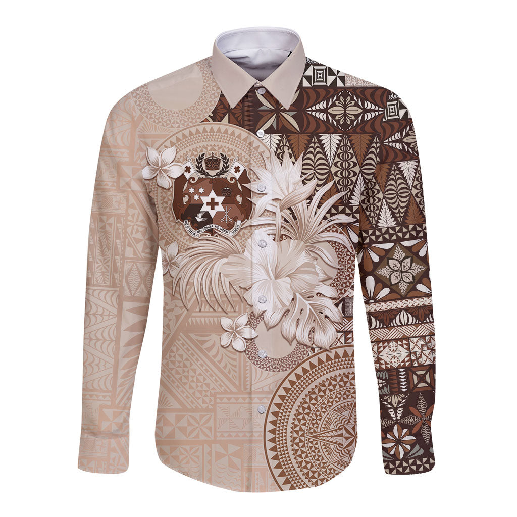 Tonga Ngatu Motifs Long Sleeve Button Shirt With Coat Of Arms Beige LT05 Unisex Beige - Polynesian Pride