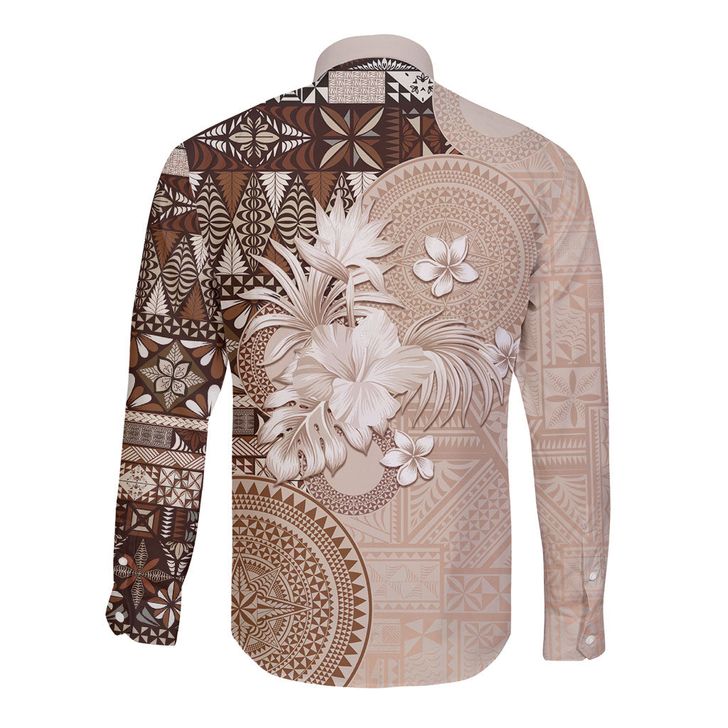 Tonga Ngatu Motifs Long Sleeve Button Shirt With Coat Of Arms Beige LT05 - Polynesian Pride