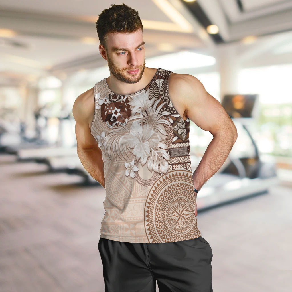 Tonga Ngatu Motifs Men Tank Top With Coat Of Arms Beige