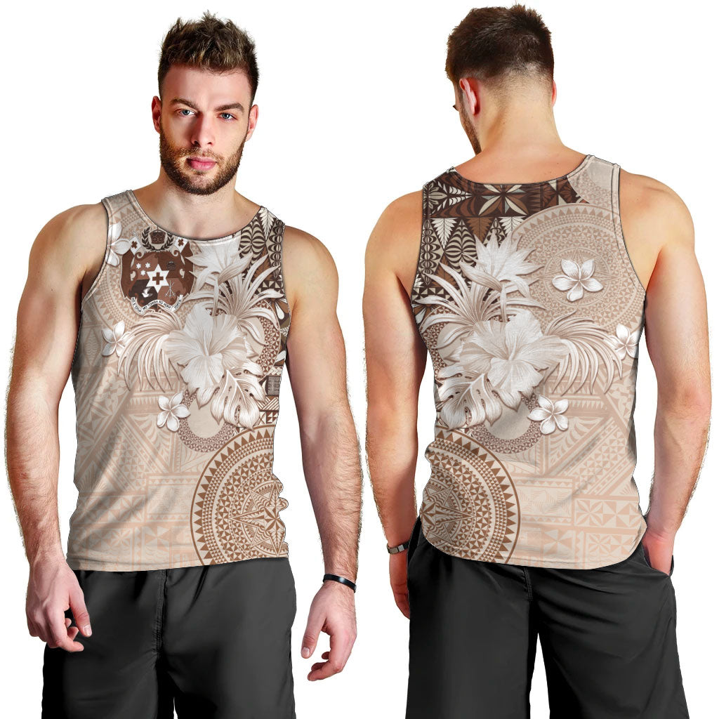 Tonga Ngatu Motifs Men Tank Top With Coat Of Arms Beige LT05 - Polynesian Pride