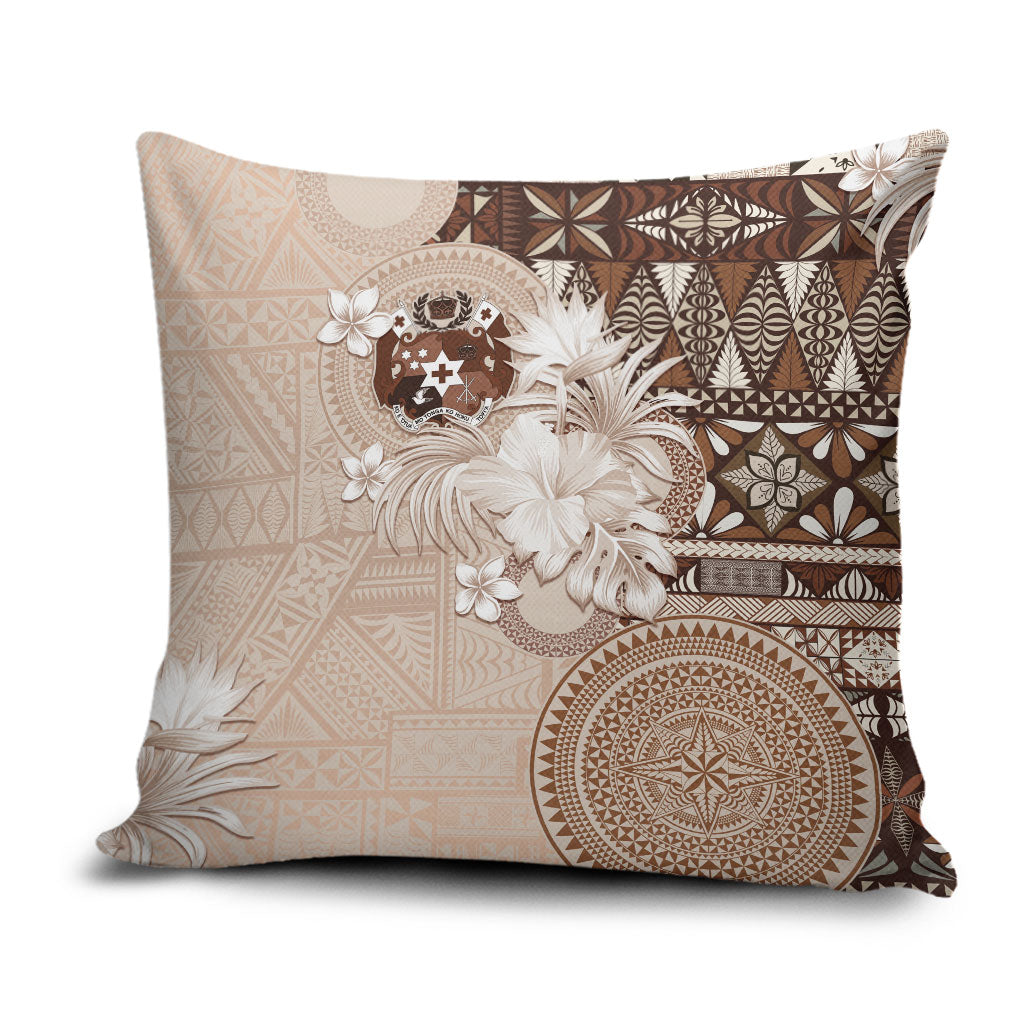 Tonga Ngatu Motifs Pillow Cover With Coat Of Arms Beige
