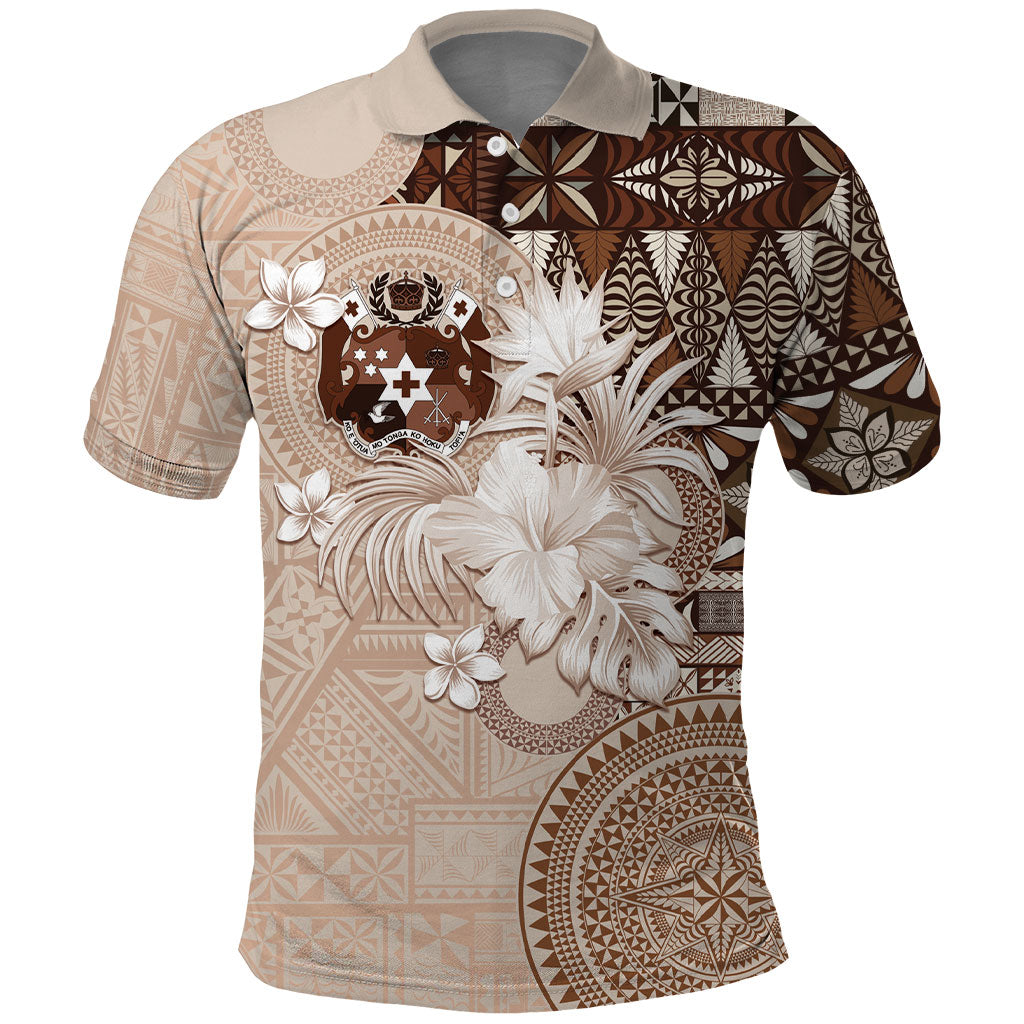 Tonga Ngatu Motifs Polo Shirt With Coat Of Arms Beige