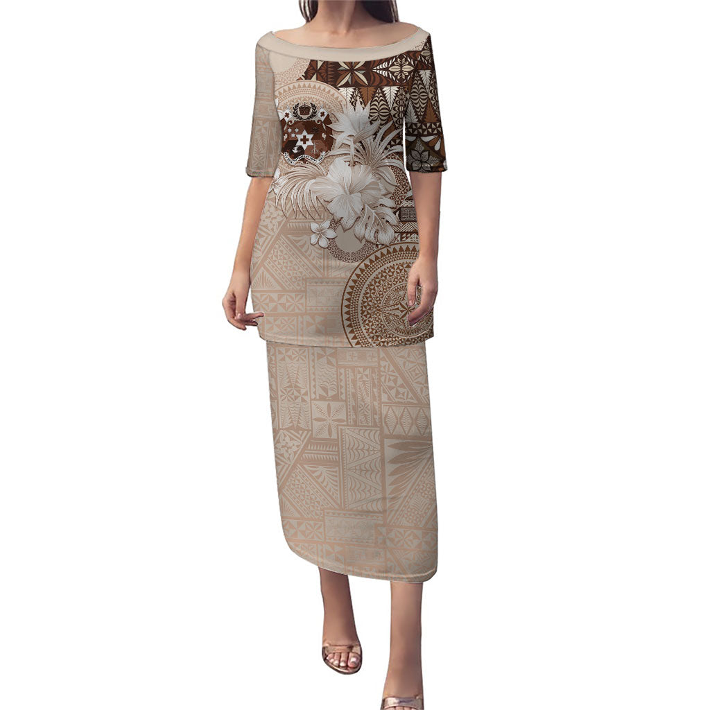 Tonga Ngatu Motifs Puletasi With Coat Of Arms Beige