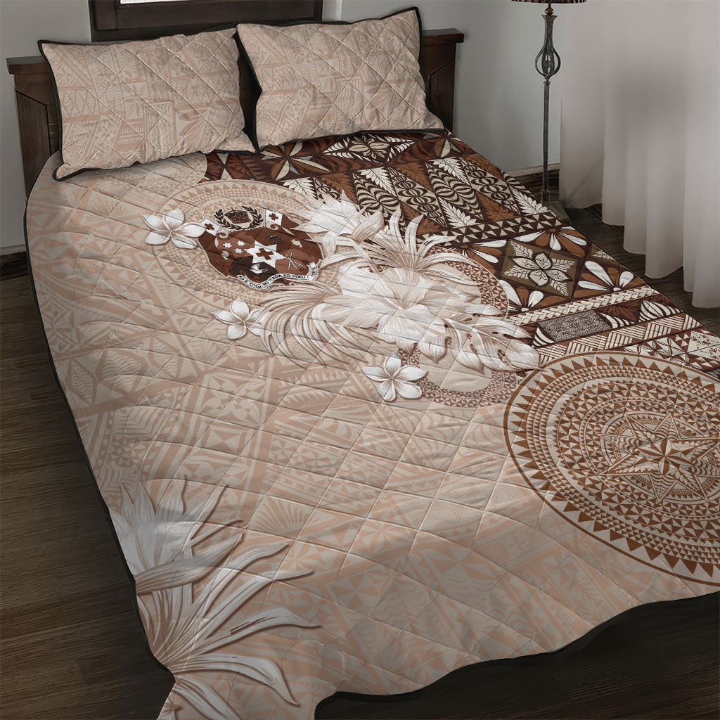 Tonga Ngatu Motifs Quilt Bed Set With Coat Of Arms Beige LT05 Beige - Polynesian Pride