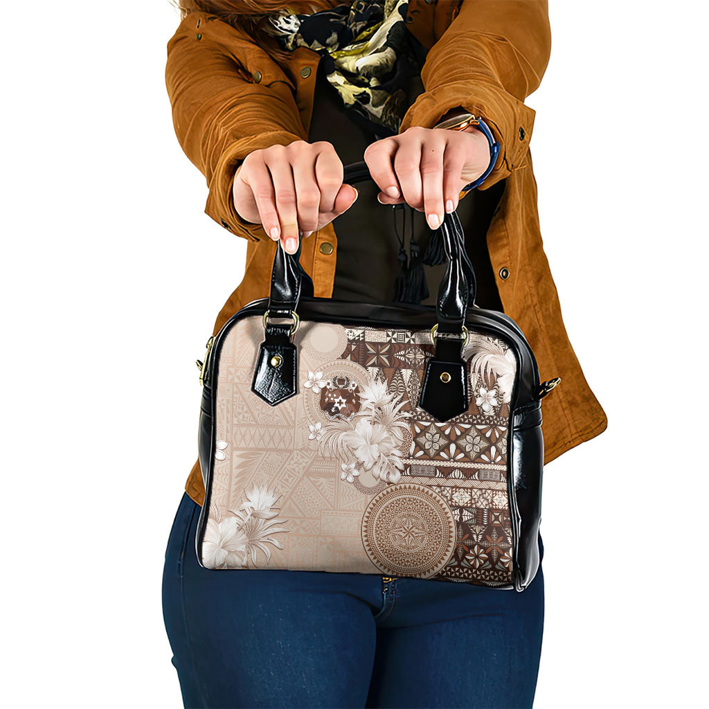 Tonga Ngatu Motifs Shoulder Handbag With Coat Of Arms Beige