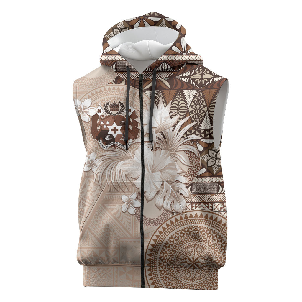Tonga Ngatu Motifs Sleeveless Zip Hoodie With Coat Of Arms Beige