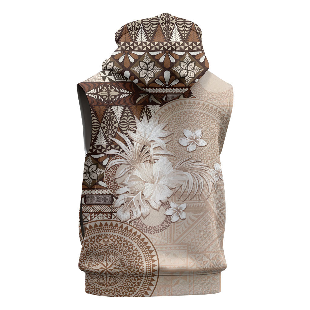 Tonga Ngatu Motifs Sleeveless Zip Hoodie With Coat Of Arms Beige LT05 - Polynesian Pride