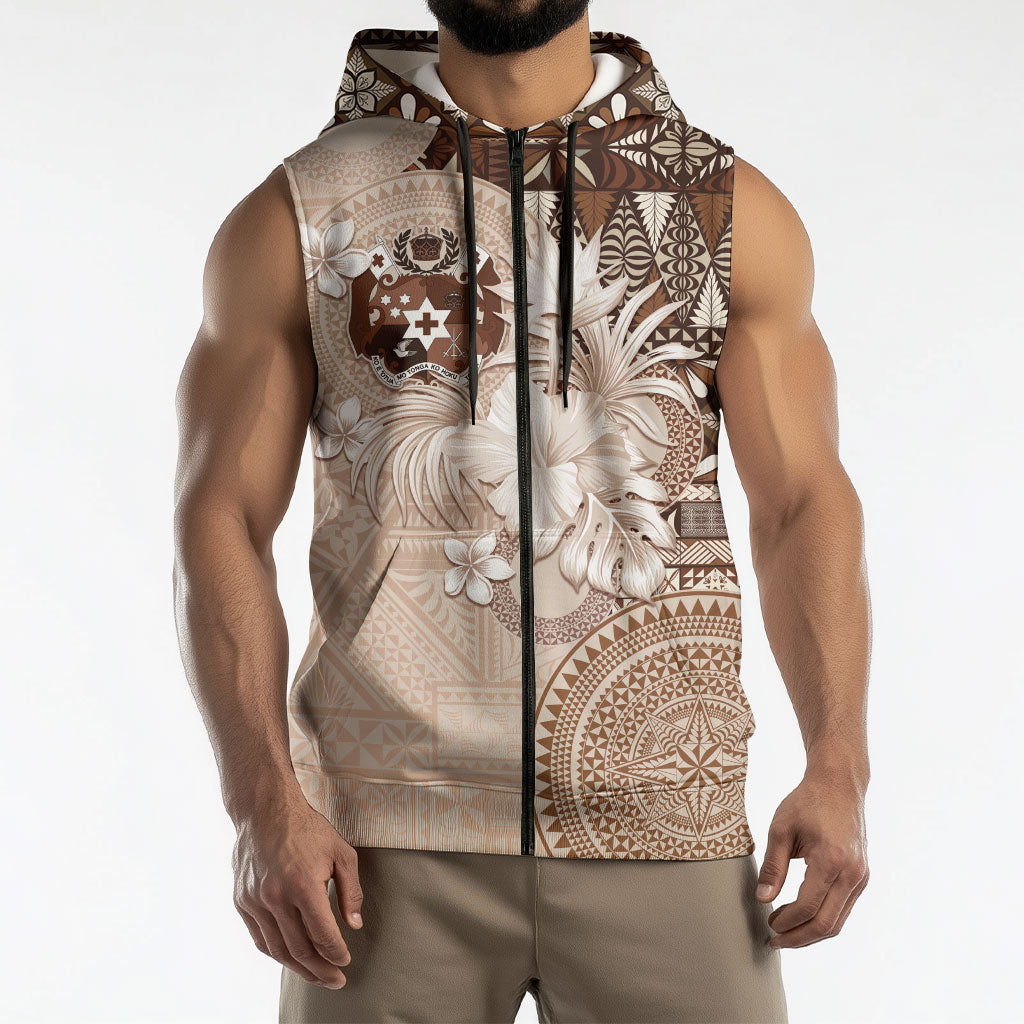 Tonga Ngatu Motifs Sleeveless Zip Hoodie With Coat Of Arms Beige LT05 - Polynesian Pride