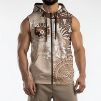 Tonga Ngatu Motifs Sleeveless Zip Hoodie With Coat Of Arms Beige LT05 - Polynesian Pride