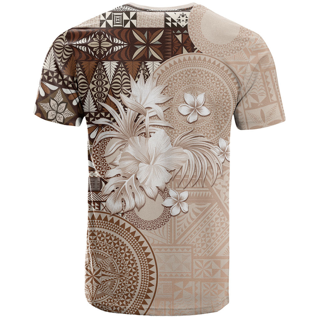 Tonga Ngatu Motifs T Shirt With Coat Of Arms Beige LT05 - Polynesian Pride