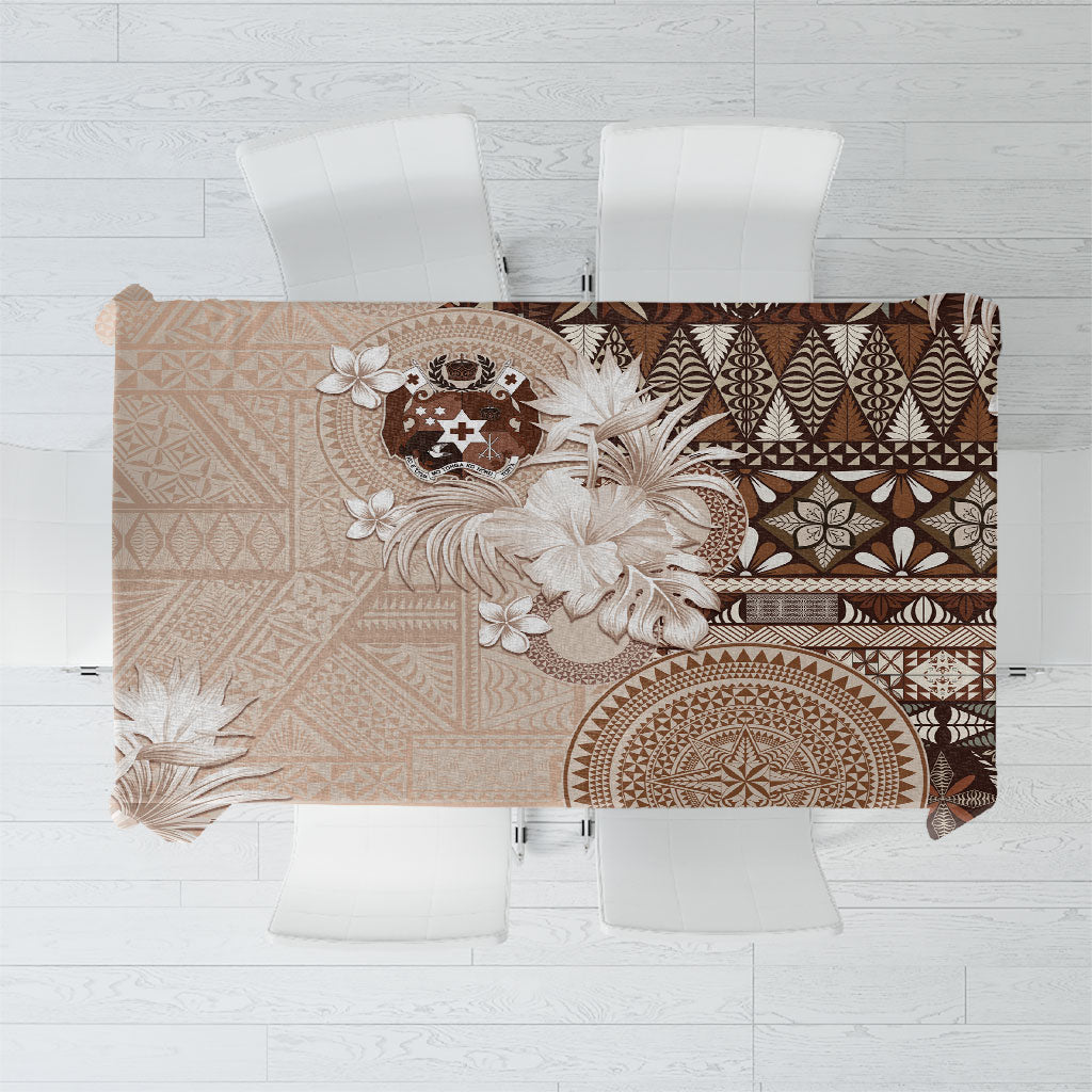 Tonga Ngatu Motifs Tablecloth With Coat Of Arms Beige LT05 Beige - Polynesian Pride