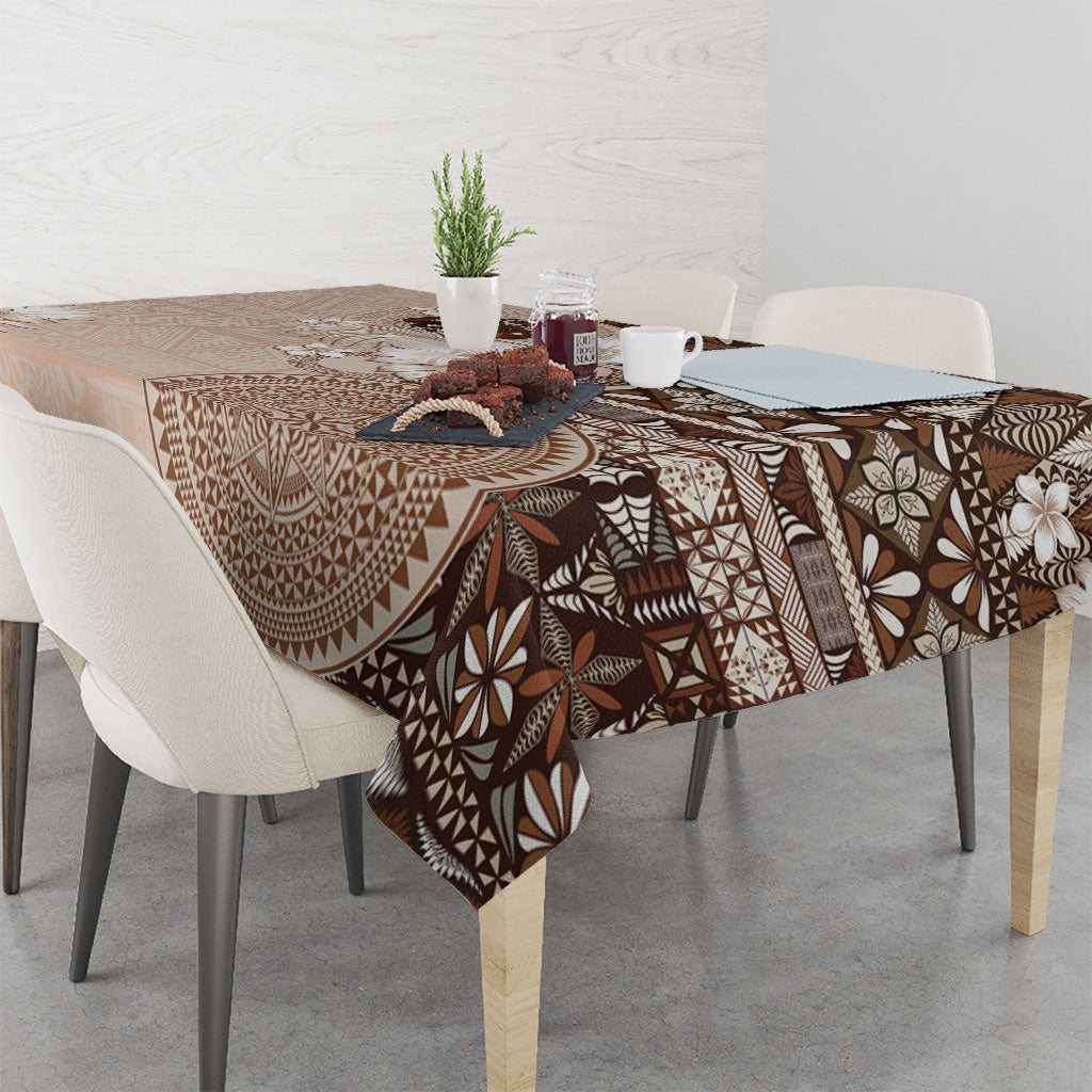 Tonga Ngatu Motifs Tablecloth With Coat Of Arms Beige LT05 - Polynesian Pride