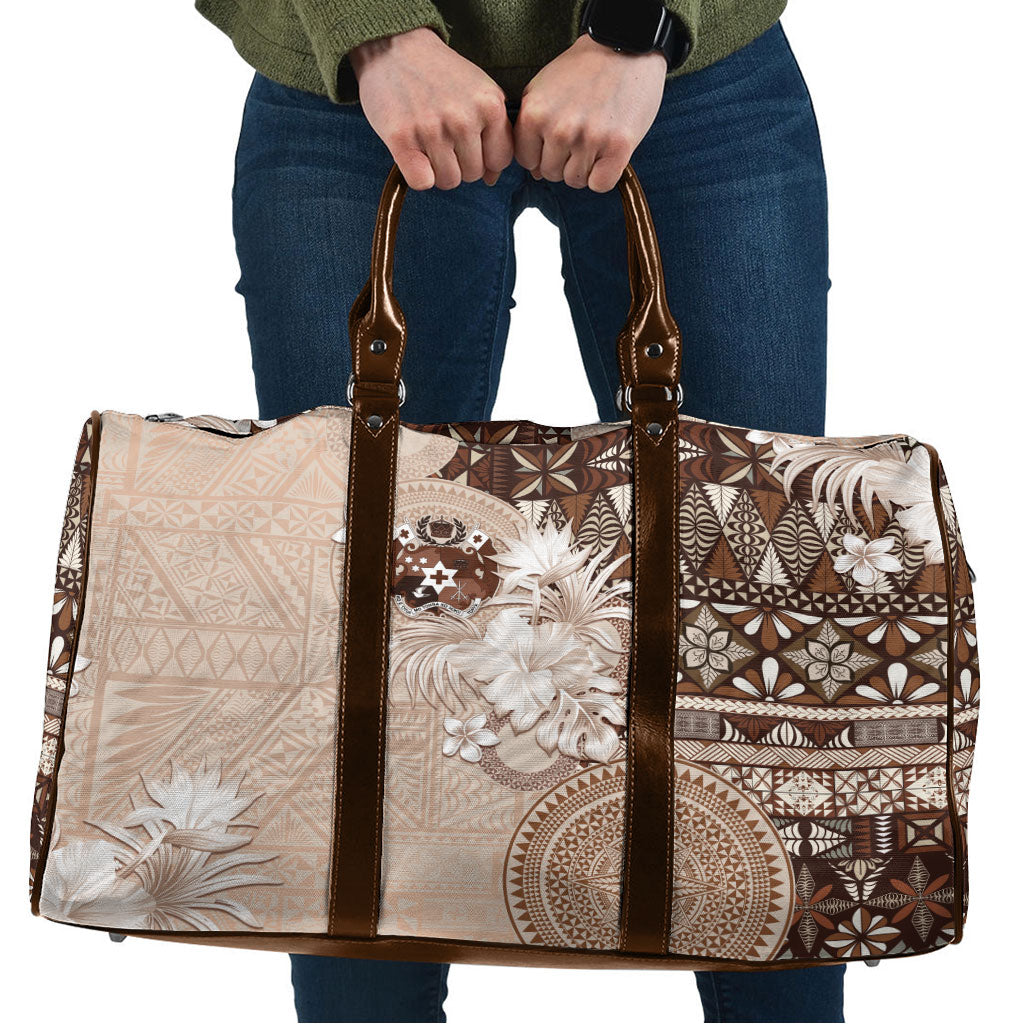 Tonga Ngatu Motifs Travel Bag With Coat Of Arms Beige
