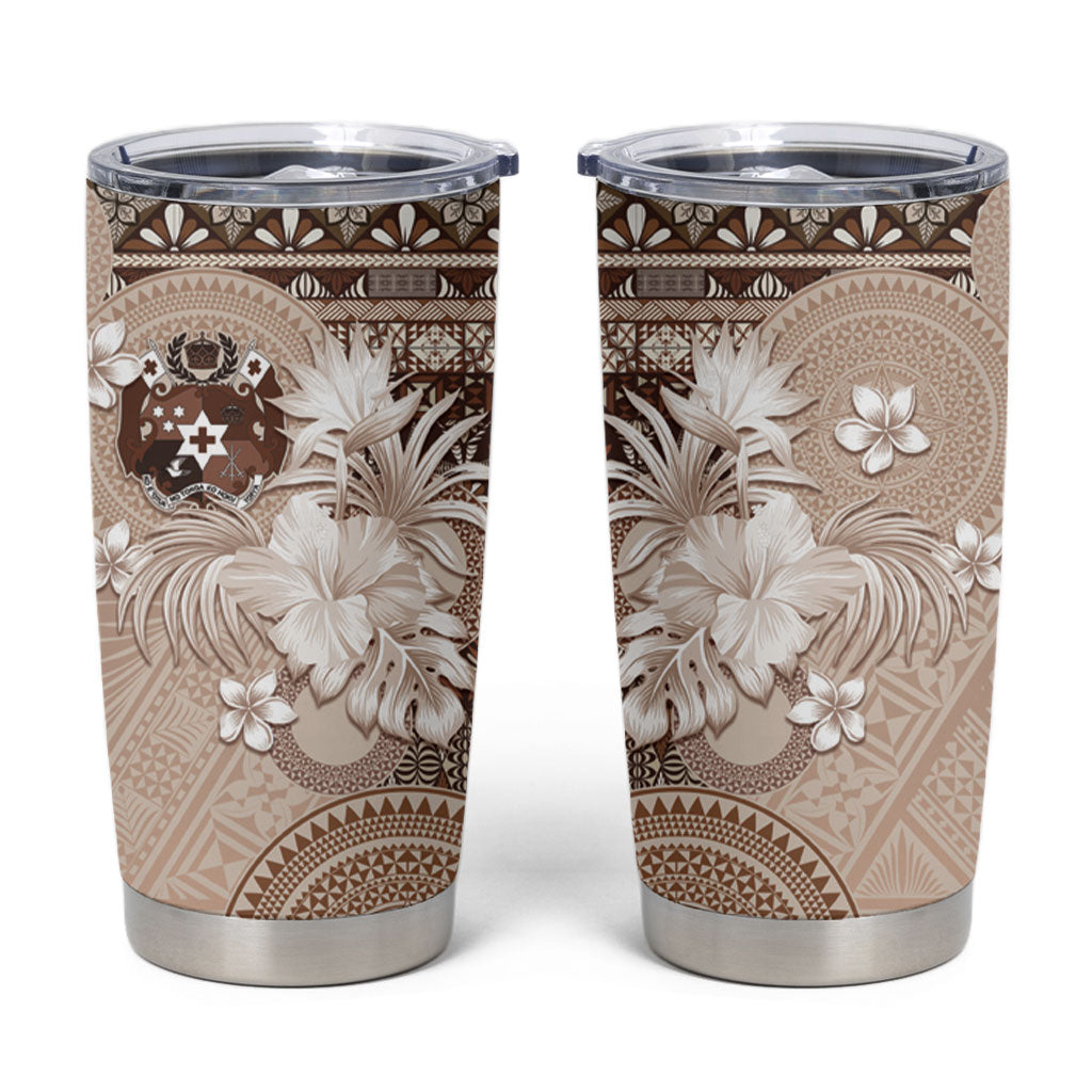 Tonga Ngatu Motifs Tumbler Cup With Coat Of Arms Beige LT05 Beige - Polynesian Pride