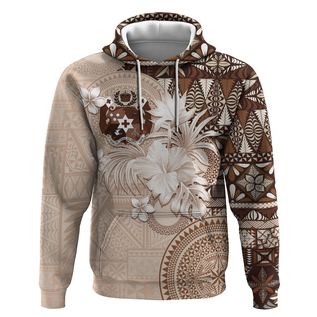 Tonga Ngatu Motifs Zip Hoodie With Coat Of Arms Beige LT05 Pullover Hoodie Beige - Polynesian Pride