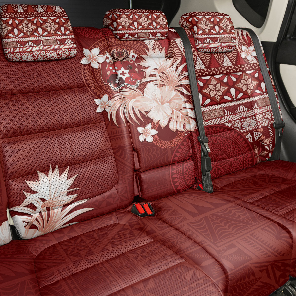 Tonga Ngatu Motifs Back Car Seat Cover With Coat Of Arms Red LT05 - Polynesian Pride