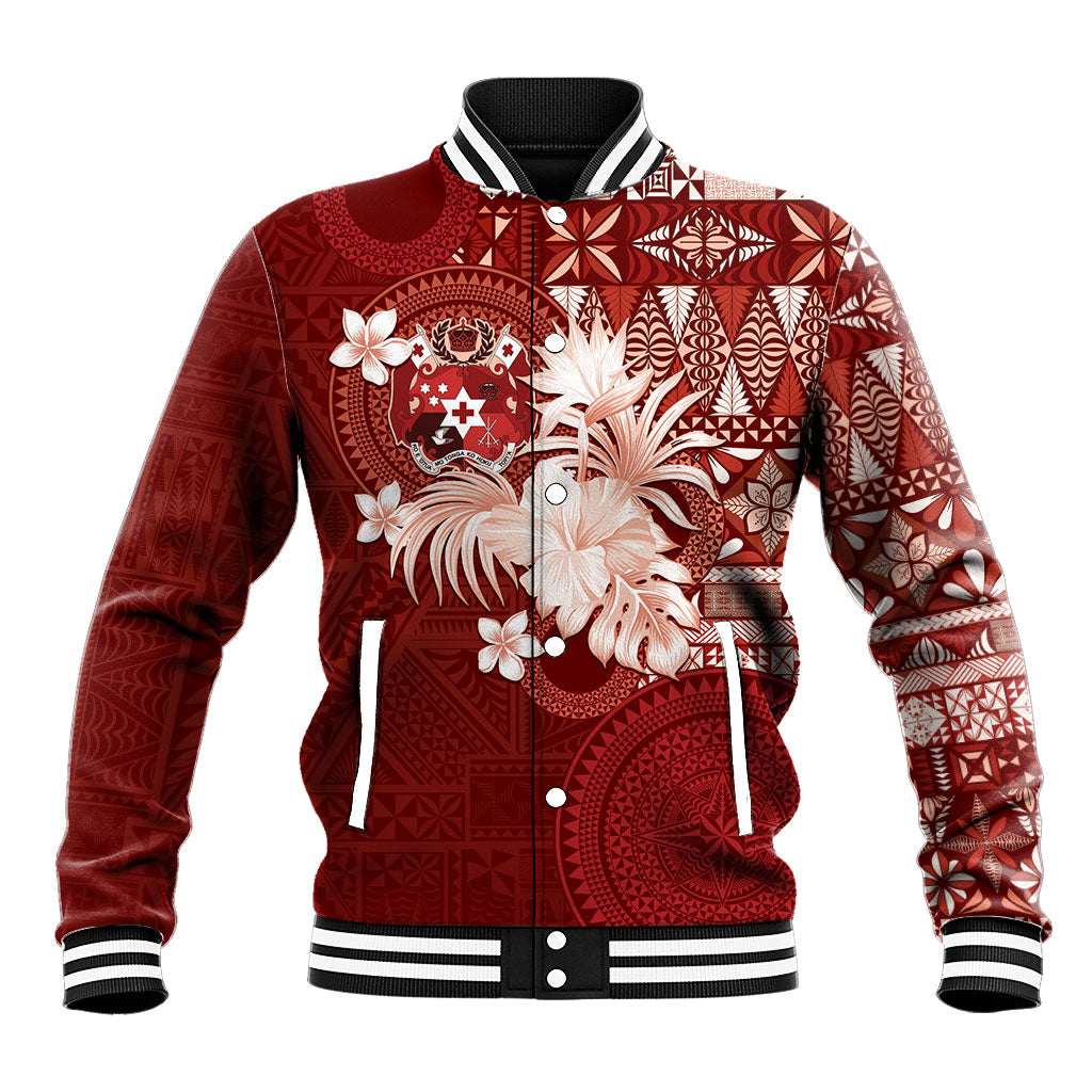 Tonga Ngatu Motifs Baseball Jacket With Coat Of Arms Red LT05 Unisex Red - Polynesian Pride