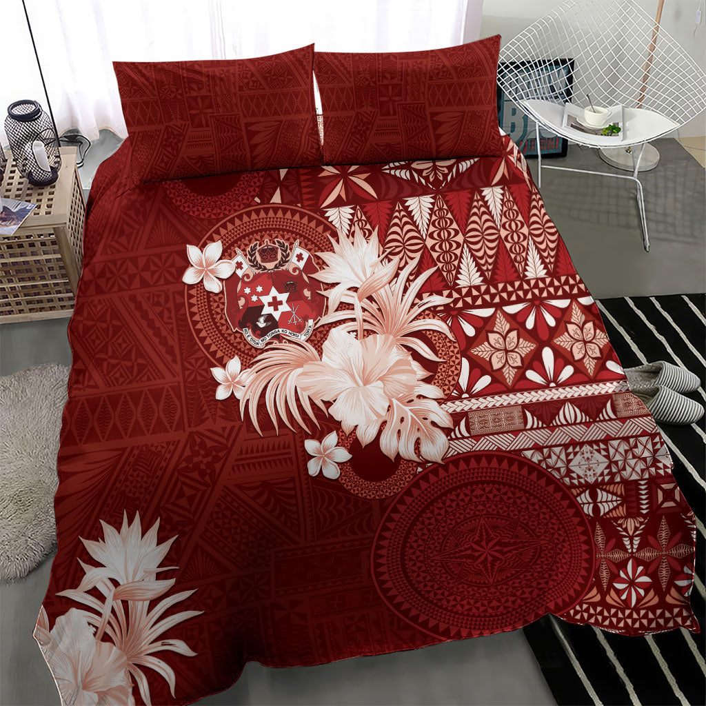 Tonga Ngatu Motifs Bedding Set With Coat Of Arms Red LT05 - Polynesian Pride