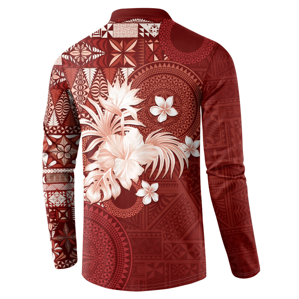 Tonga Ngatu Motifs Button Sweatshirt With Coat Of Arms Red LT05 - Polynesian Pride