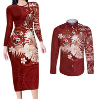 Tonga Ngatu Motifs Couples Matching Long Sleeve Bodycon Dress and Long Sleeve Button Shirt With Coat Of Arms Red LT05 Red - Polynesian Pride