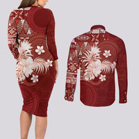 Tonga Ngatu Motifs Couples Matching Long Sleeve Bodycon Dress and Long Sleeve Button Shirt With Coat Of Arms Red LT05 - Polynesian Pride