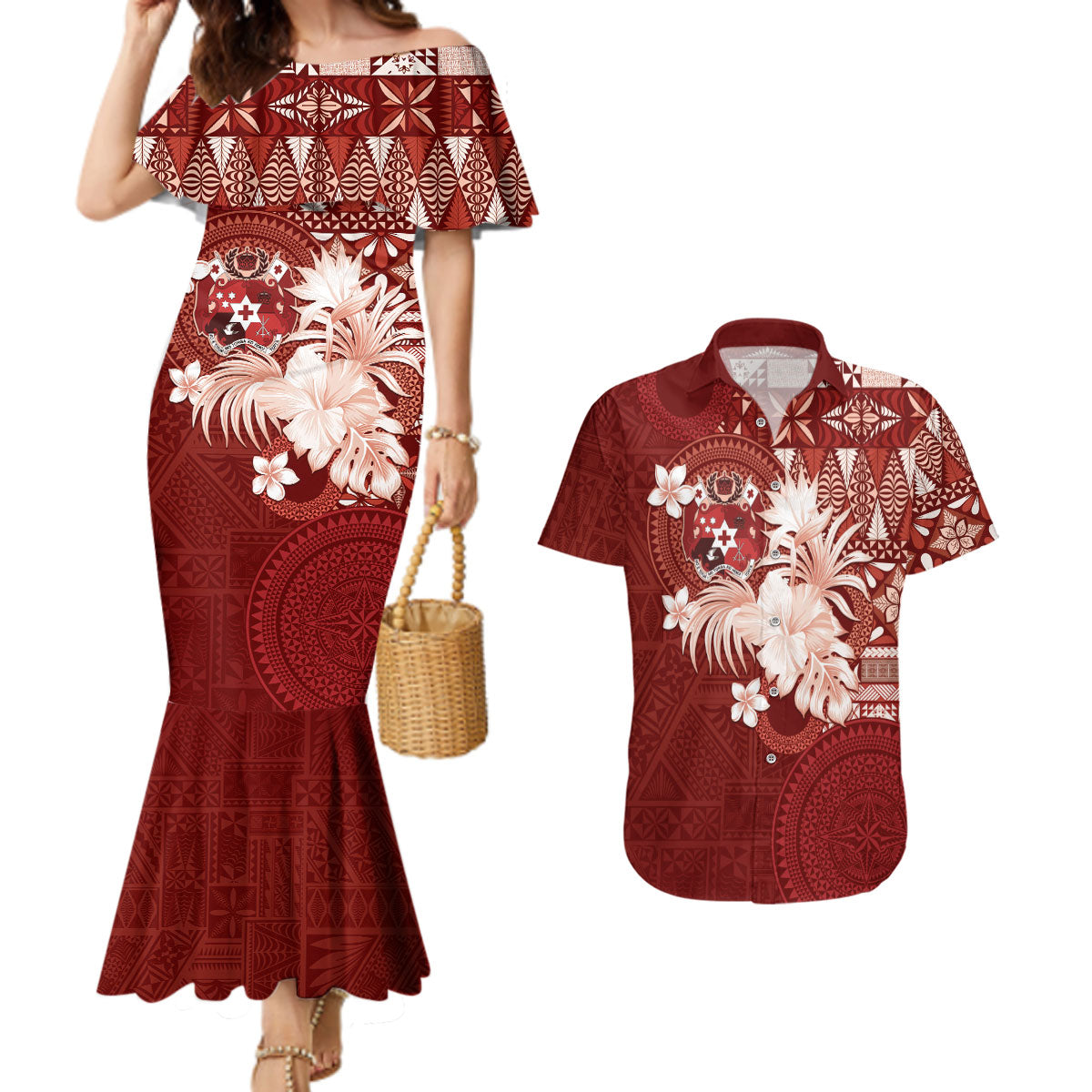 Tonga Ngatu Motifs Couples Matching Mermaid Dress and Hawaiian Shirt With Coat Of Arms Red