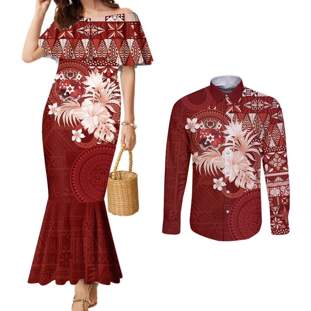Tonga Ngatu Motifs Couples Matching Mermaid Dress and Long Sleeve Button Shirt With Coat Of Arms Red