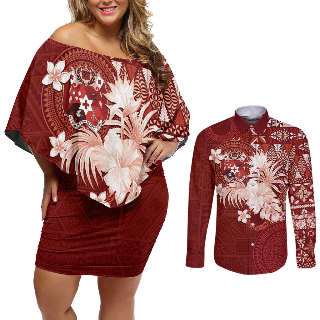 Tonga Ngatu Motifs Couples Matching Off Shoulder Short Dress and Long Sleeve Button Shirt With Coat Of Arms Red LT05 Red - Polynesian Pride