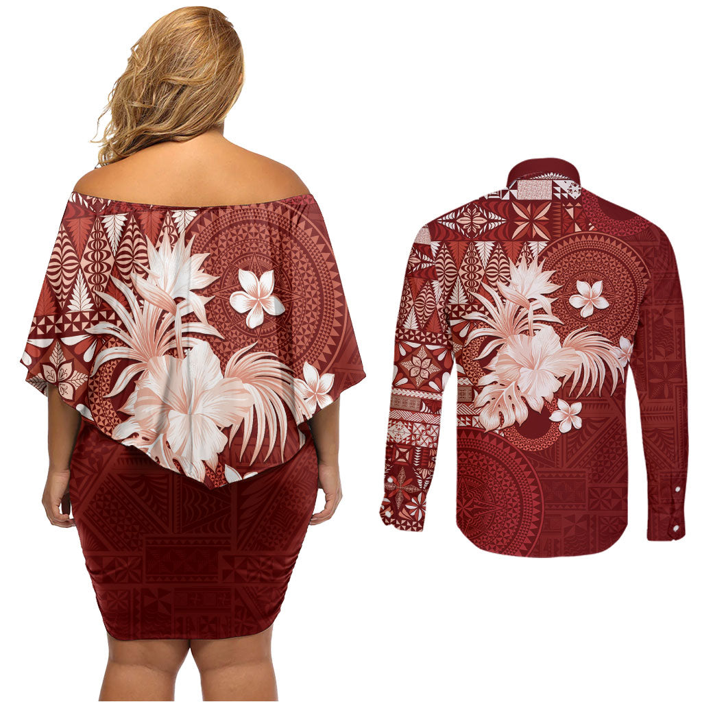 Tonga Ngatu Motifs Couples Matching Off Shoulder Short Dress and Long Sleeve Button Shirt With Coat Of Arms Red LT05 - Polynesian Pride