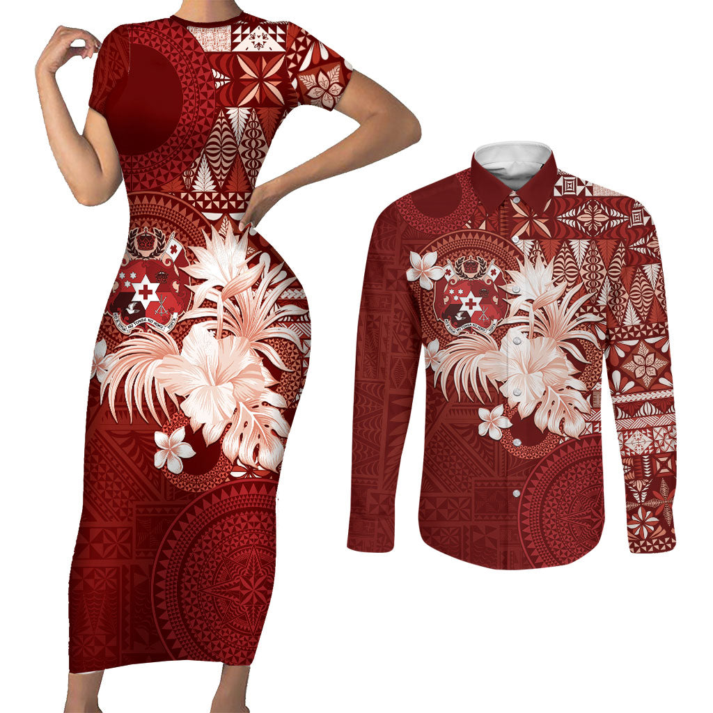 Tonga Ngatu Motifs Couples Matching Short Sleeve Bodycon Dress and Long Sleeve Button Shirt With Coat Of Arms Red