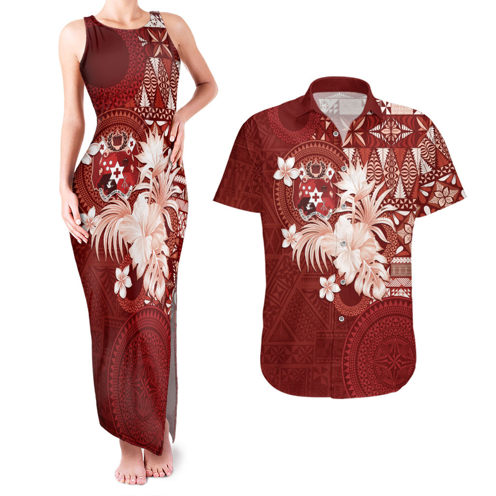 Tonga Ngatu Motifs Couples Matching Tank Maxi Dress and Hawaiian Shirt With Coat Of Arms Red