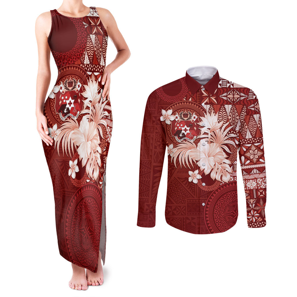 Tonga Ngatu Motifs Couples Matching Tank Maxi Dress and Long Sleeve Button Shirt With Coat Of Arms Red
