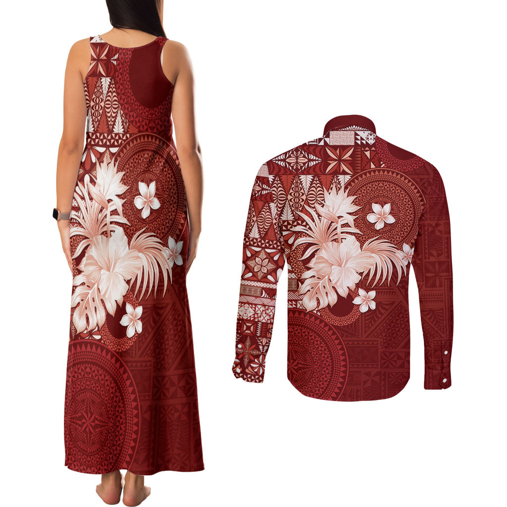 Tonga Ngatu Motifs Couples Matching Tank Maxi Dress and Long Sleeve Button Shirt With Coat Of Arms Red LT05 - Polynesian Pride