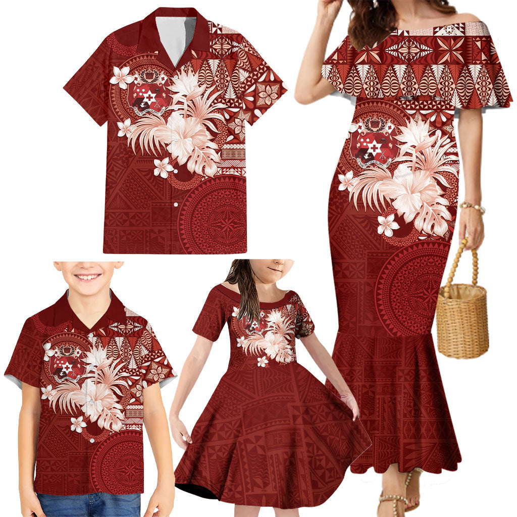 Tonga Ngatu Motifs Family Matching Mermaid Dress and Hawaiian Shirt With Coat Of Arms Red LT05 - Polynesian Pride