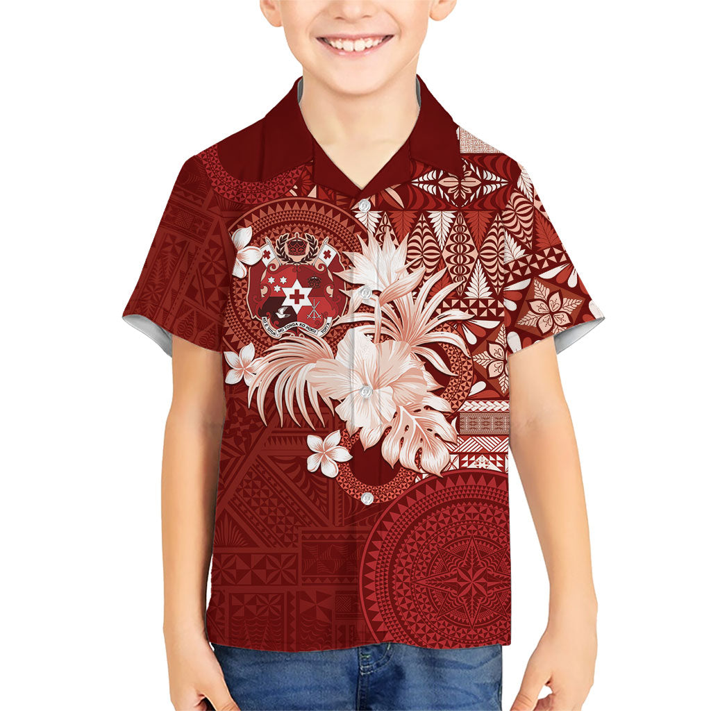 Tonga Ngatu Motifs Family Matching Mermaid Dress and Hawaiian Shirt With Coat Of Arms Red LT05 Son's Shirt Red - Polynesian Pride