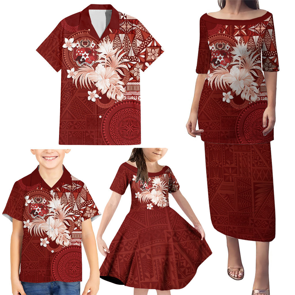 Tonga Ngatu Motifs Family Matching Puletasi and Hawaiian Shirt With Coat Of Arms Red